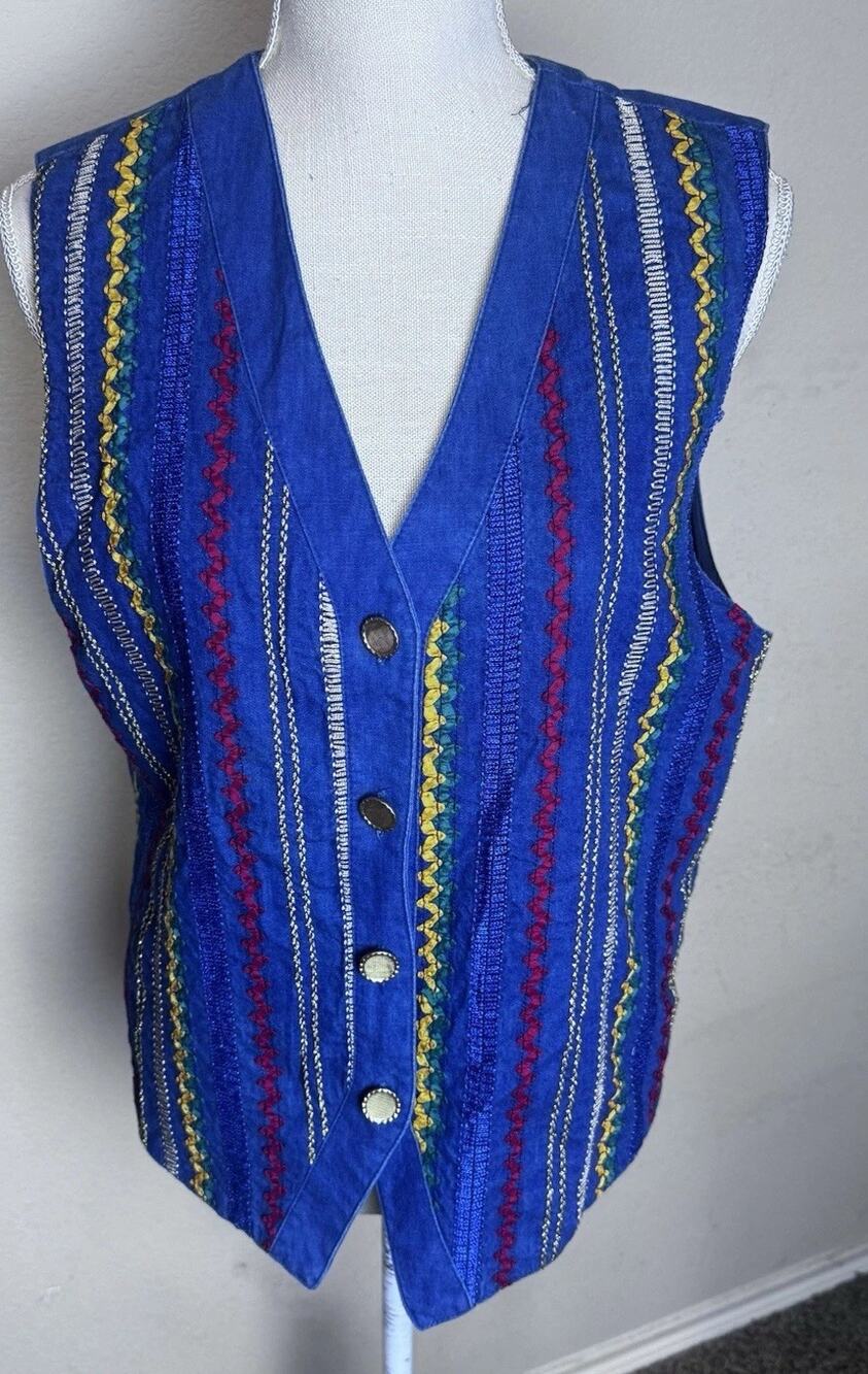 Vintage Starfire Vest Womens Medium Denim Embroidered Ribbon Stripe Southwestern